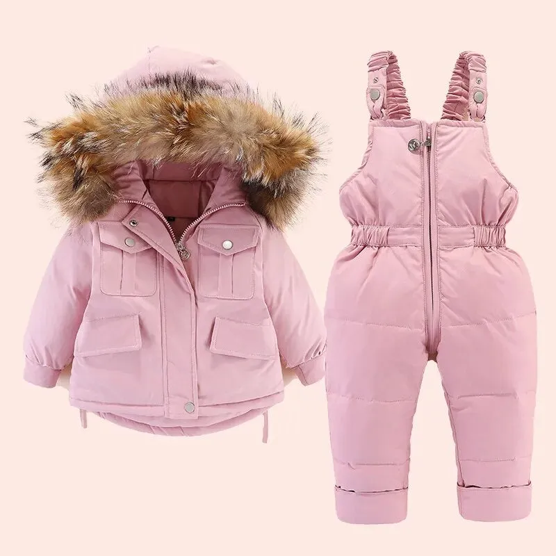 2pcs Toddler Girl Fur Hooded Down Jacket and Jumpsuit Set