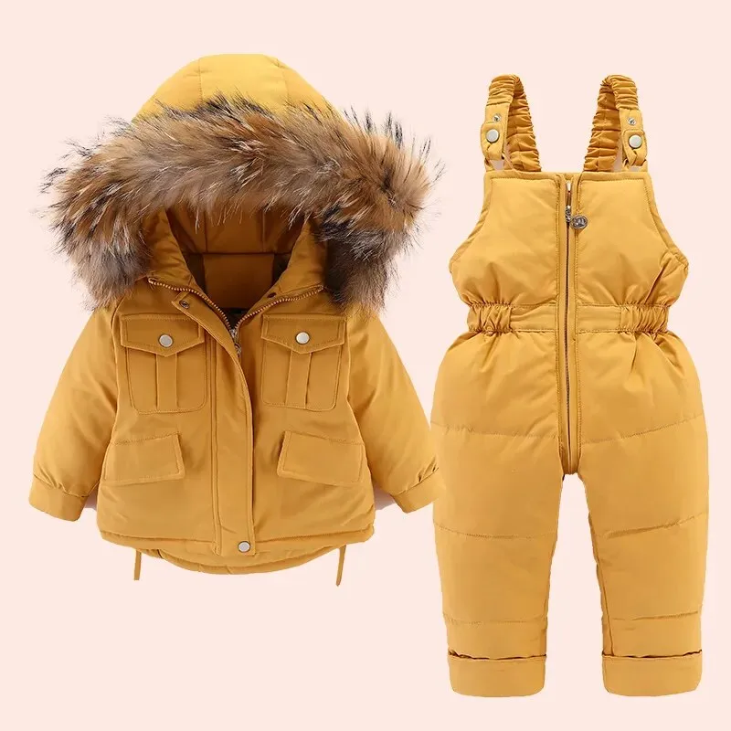 2pcs Toddler Girl Fur Hooded Down Jacket and Jumpsuit Set