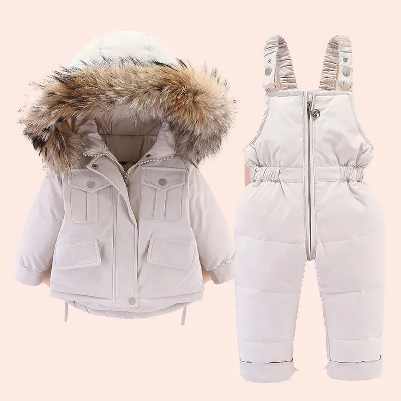 2pcs Toddler Girl Fur Hooded Down Jacket and Jumpsuit Set