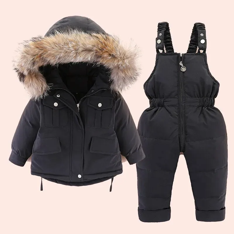 2pcs Toddler Girl Fur Hooded Down Jacket and Jumpsuit Set