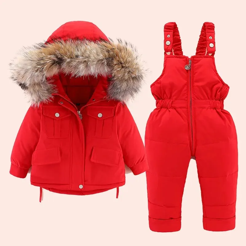 2pcs Toddler Girl Fur Hooded Down Jacket and Jumpsuit Set