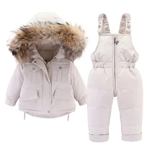 2pcs Toddler Girl Fur Hooded Down Jacket and Jumpsuit Set