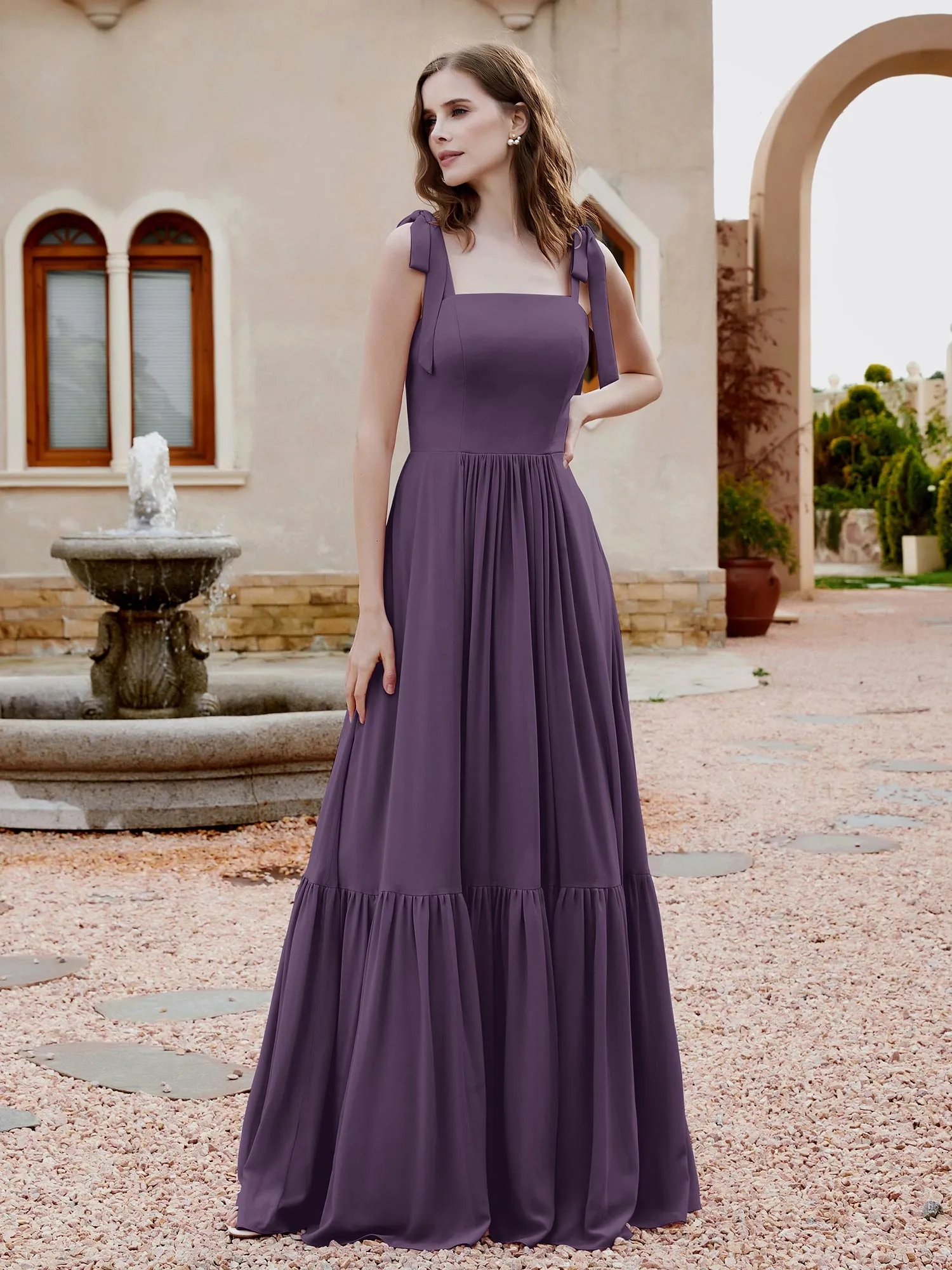 A-Line Bow Ruffle Sleeveless Chiffon Dress Plum Plus Size