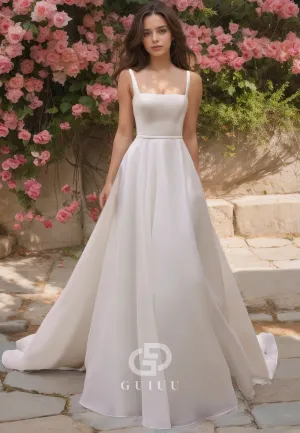 A-Line Square Trumpet Sleeveless Wedding Dress with Straps and Buttons