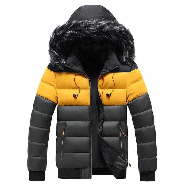 AMANI Design Men's Sports Fashion White Yellow Black Premium Quality Thick Parka Hooded Winter Coat Jacket