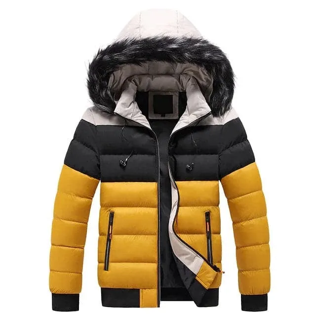 AMANI Design Men's Sports Fashion White Yellow Black Premium Quality Thick Parka Hooded Winter Coat Jacket