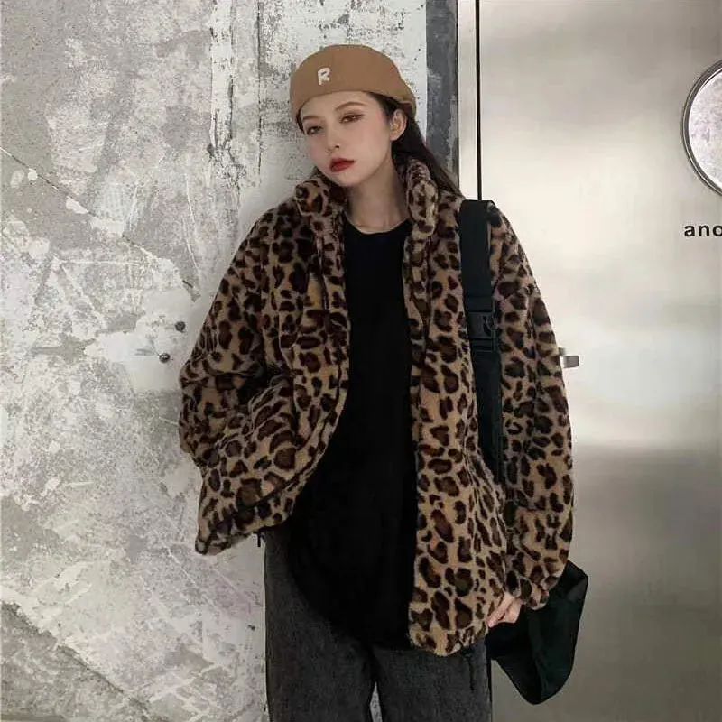 Autumn Fuzzy Leopard Print Jacket Women Fashion Parkas Coats