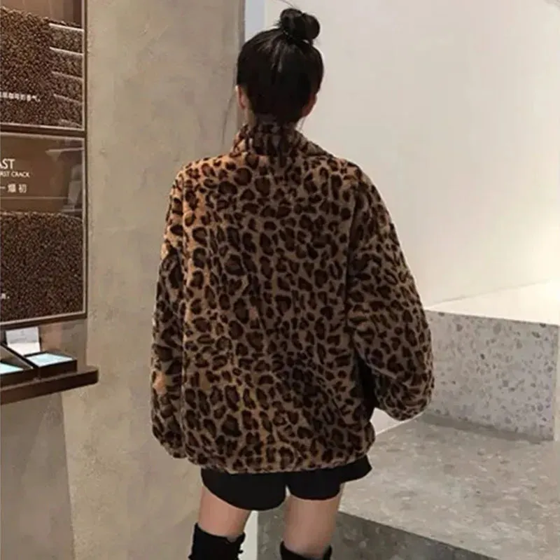 Autumn Fuzzy Leopard Print Jacket Women Fashion Parkas Coats