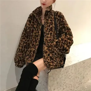 Autumn Fuzzy Leopard Print Jacket Women Fashion Parkas Coats