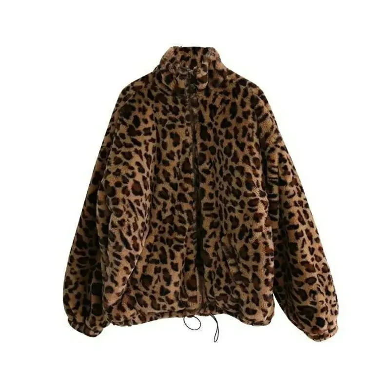 Autumn Fuzzy Leopard Print Jacket Women Fashion Parkas Coats