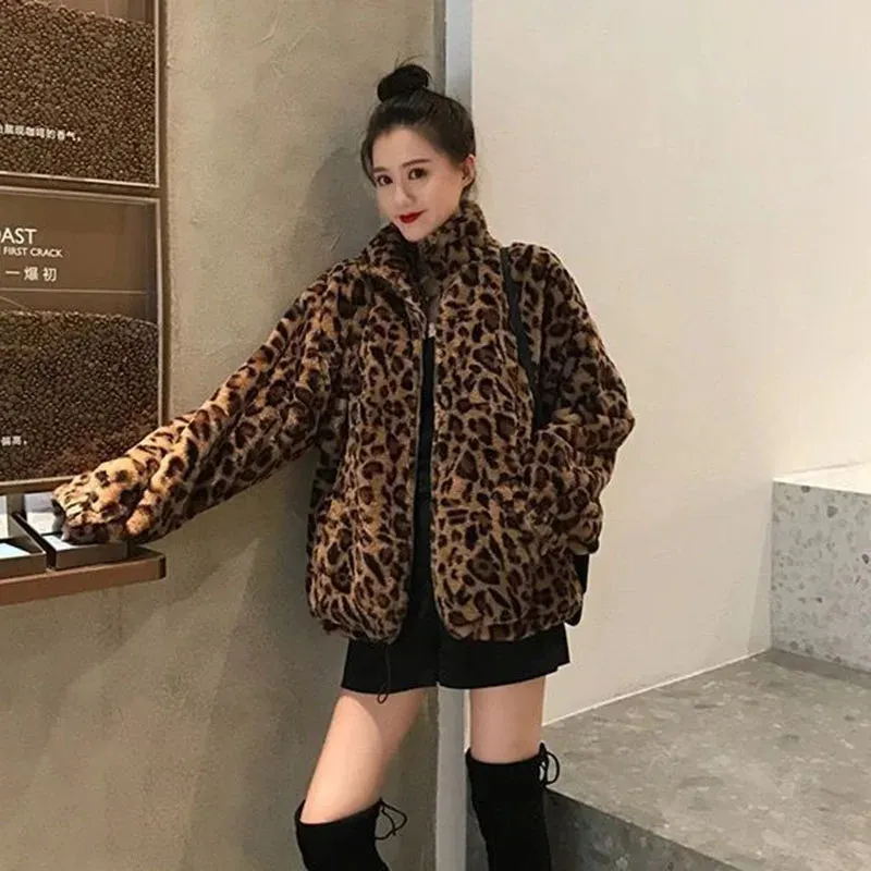 Autumn Fuzzy Leopard Print Jacket Women Fashion Parkas Coats