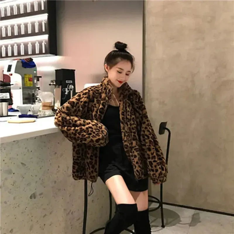 Autumn Fuzzy Leopard Print Jacket Women Fashion Parkas Coats