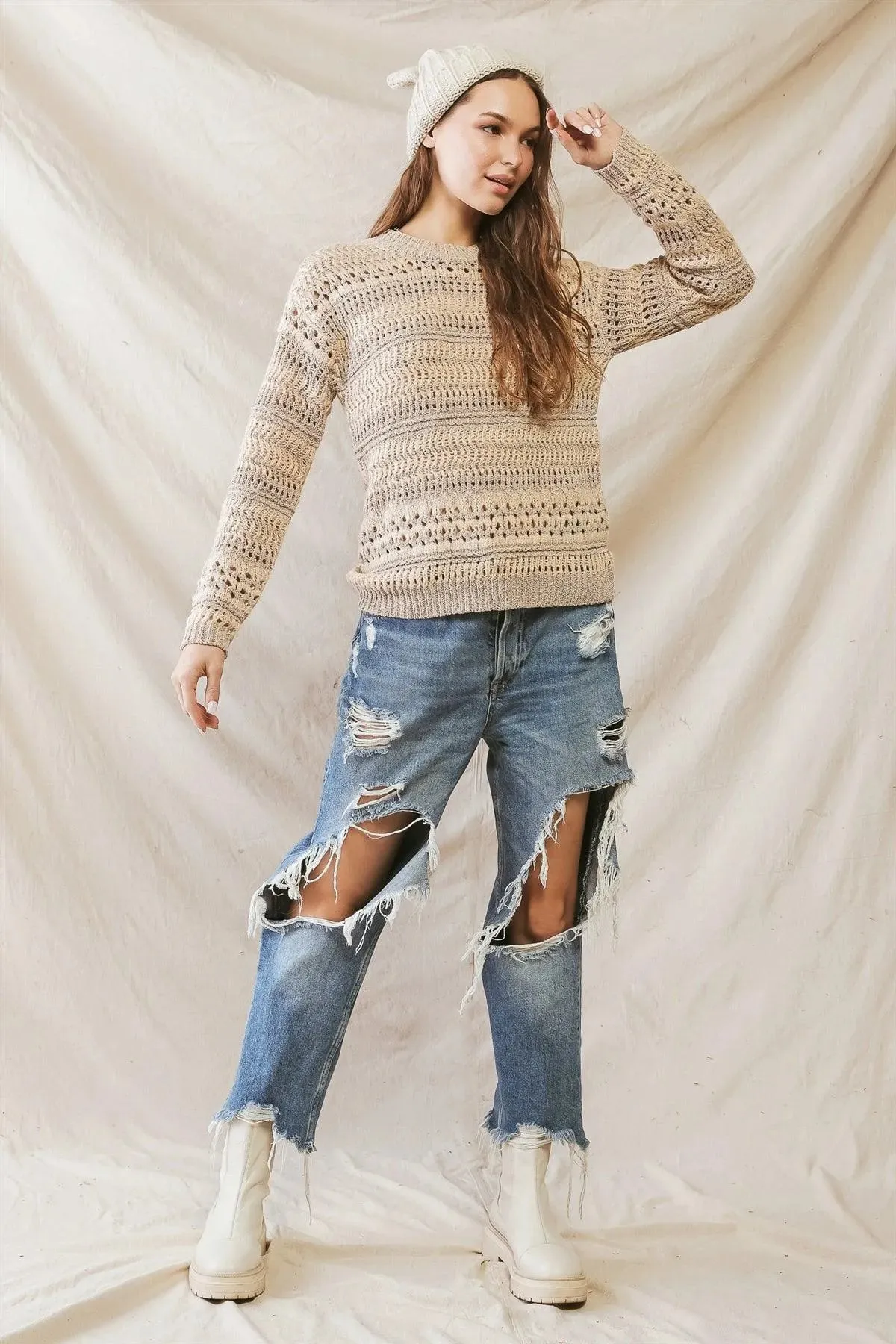 Beige Knit Crew Neck Long Sleeve Sweater /2-3-1