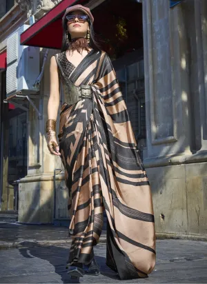 Black And Gold Designer Satin Crepe Printed Saree