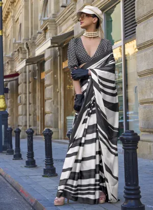 Black And White Designer Satin Crepe Printed Saree