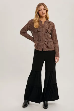 Black Drawstring Waist Tiered Palazzo Pants