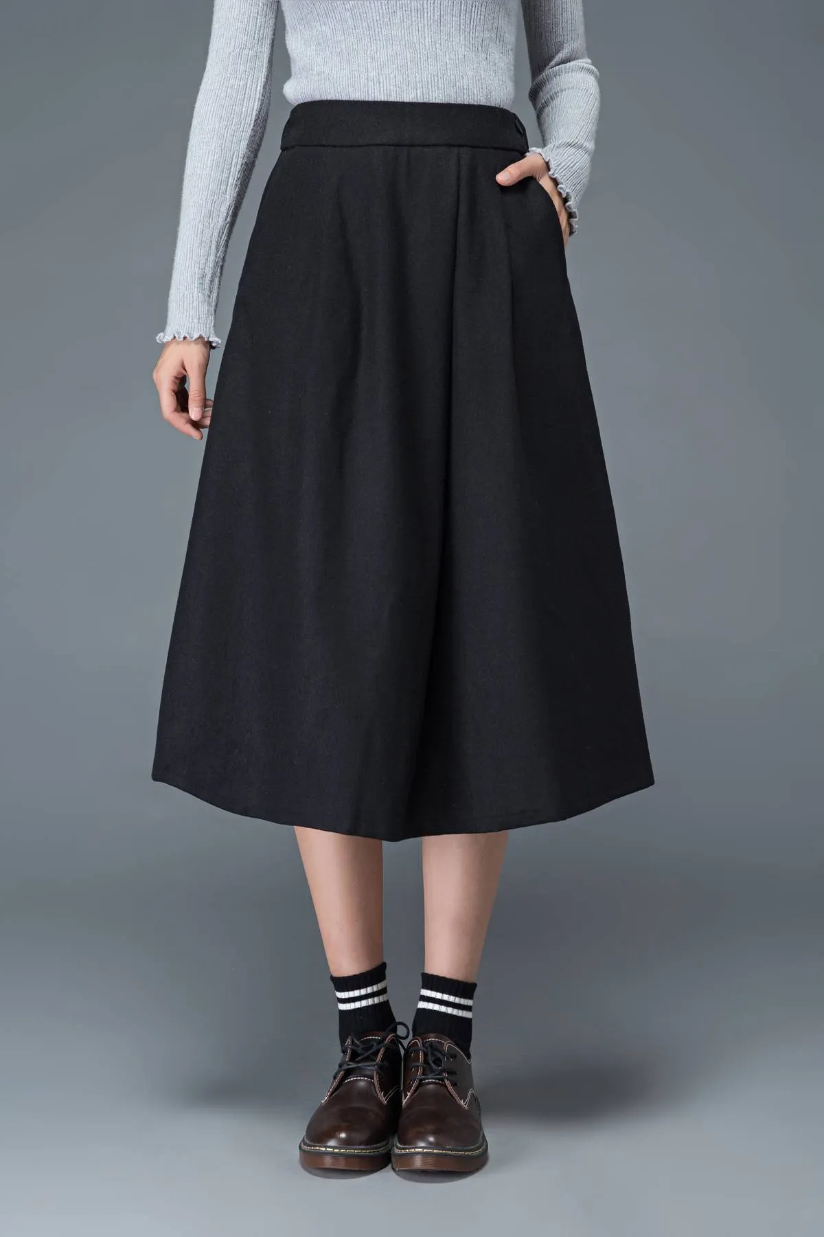 black skirt, wool skirt, womens skirts, midi skirt, pleated skirt, pocket skirt, winter skirt, warm skirt, work skirt, skirt C1181