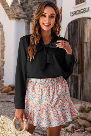 Black Solid Bow Tie Long Sleeve Blouse