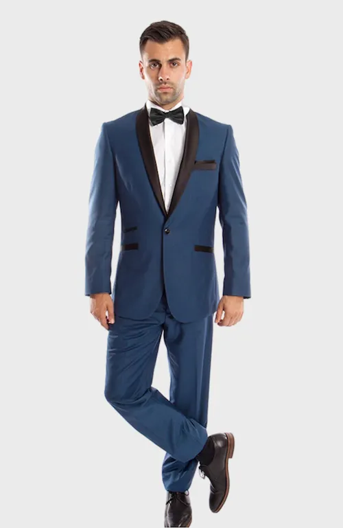 Blue 1 Button Satin Shawl Lapel Suit