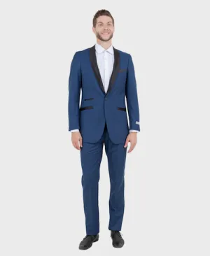 Blue 1 Button Satin Shawl Lapel Suit