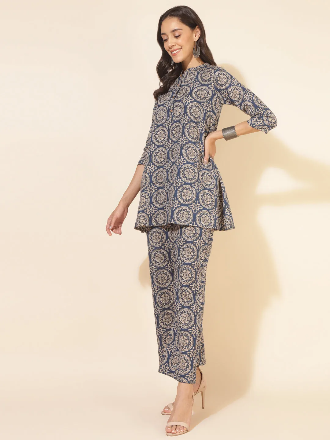 Blue Cotton Ethnic Motifs Tunic with Palazzo