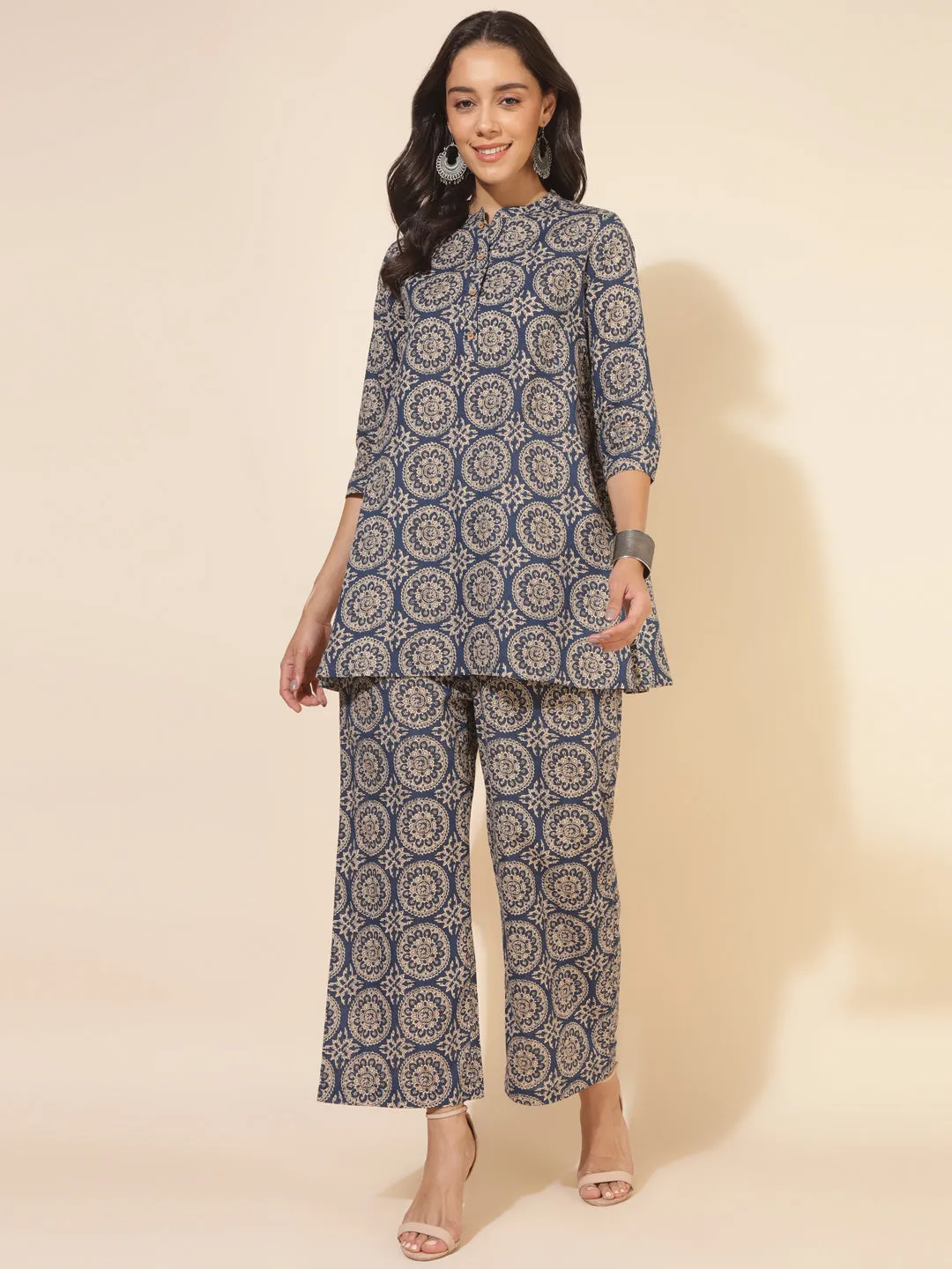 Blue Cotton Ethnic Motifs Tunic with Palazzo