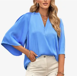 Blue Satin Blouse V Neck Elbow Sleeve