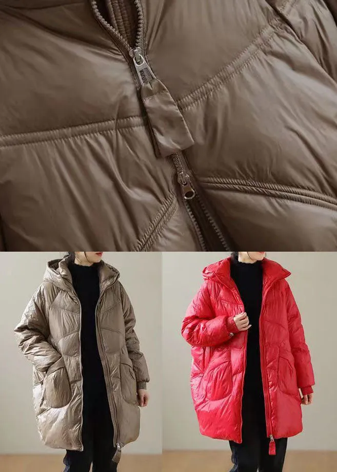 Boutique Red Hooded Drawstring Duck Down Puffer Jacket Winter