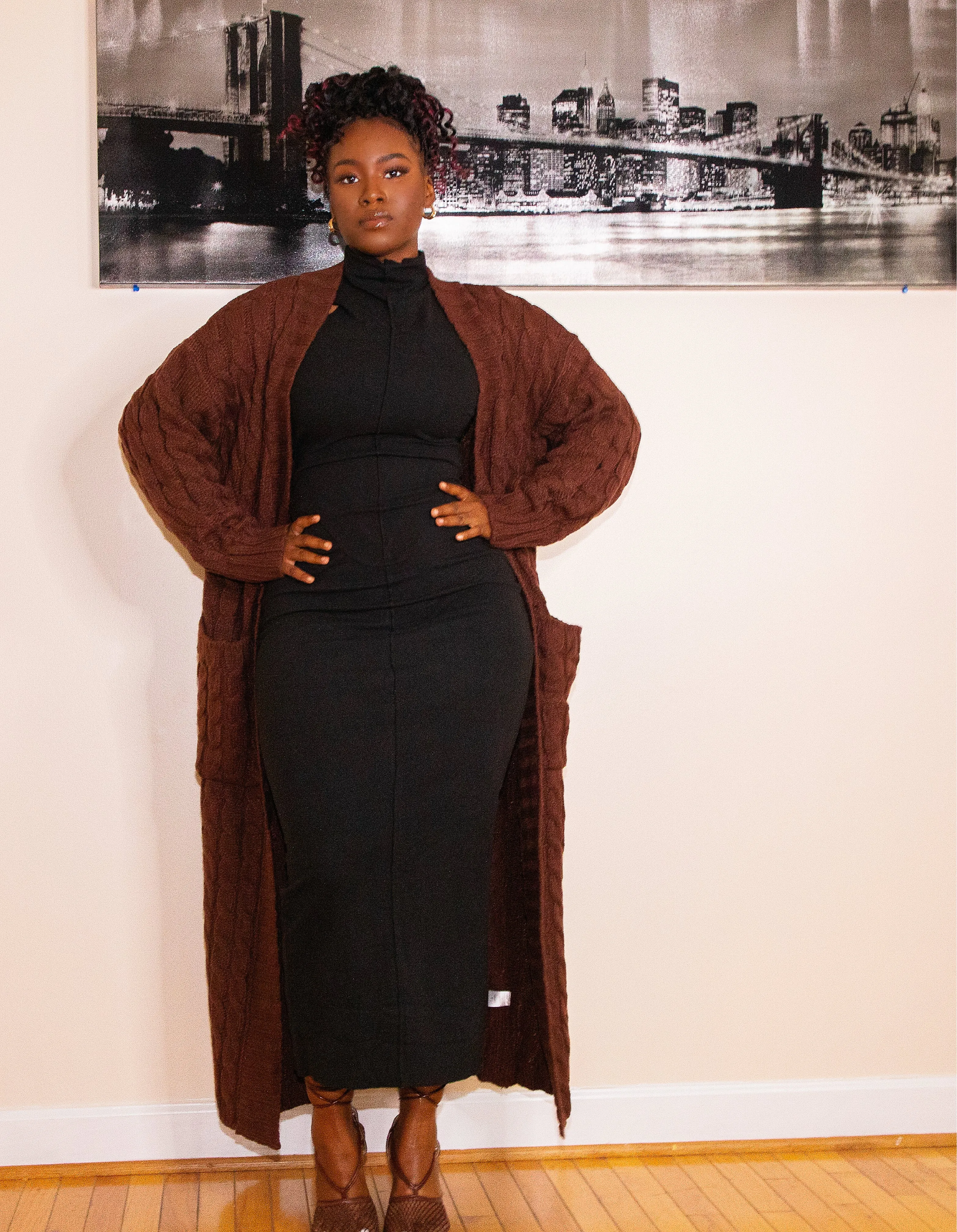 BROWN OVERSIZED MAXI CABLE KNITTED SWEATER CARDIGAN