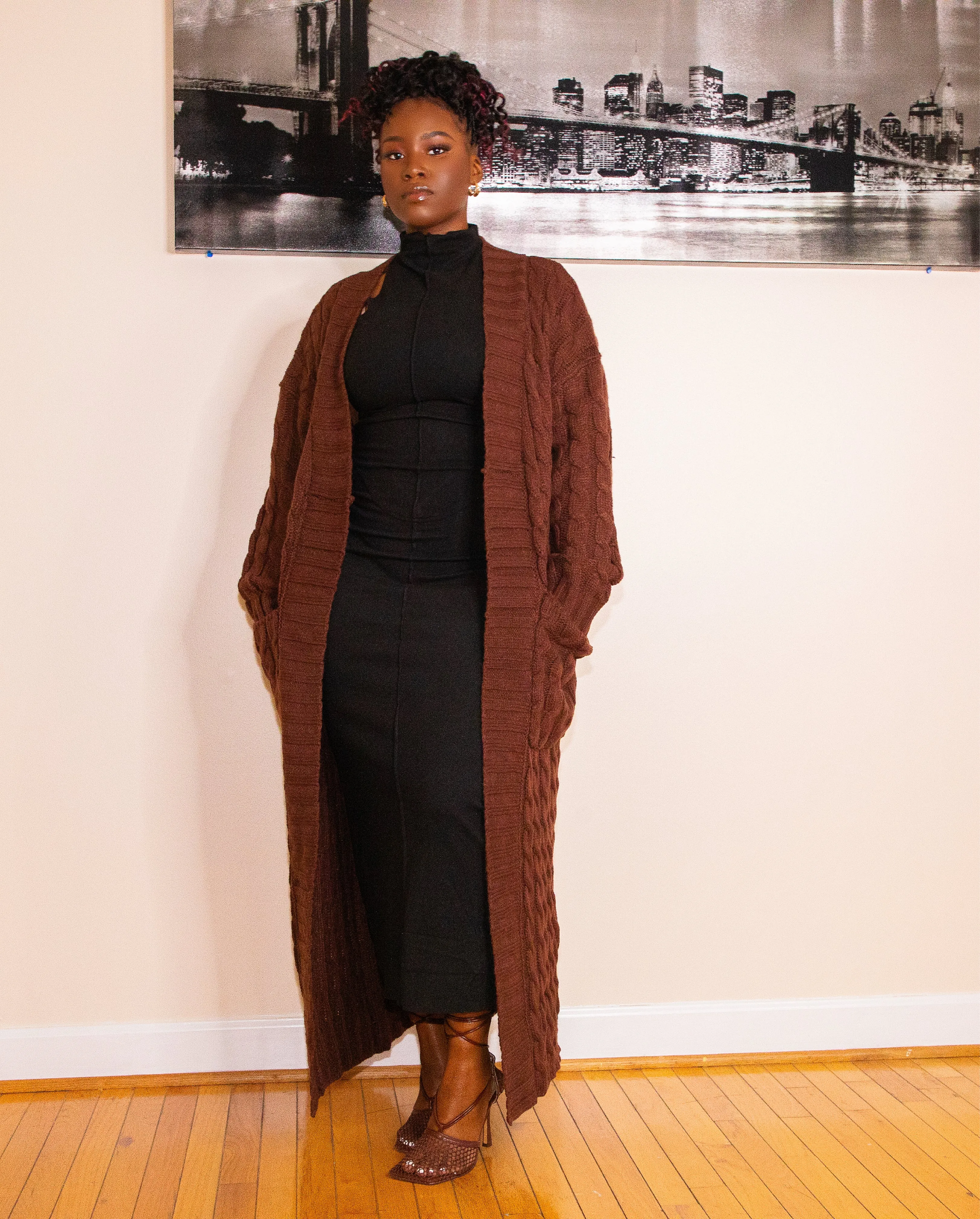 BROWN OVERSIZED MAXI CABLE KNITTED SWEATER CARDIGAN