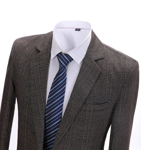 Business Men's Suit Formal Tweed 2 Pieces Coffee Plaid Notch Lapel Tuxedos (Blazer Pants)