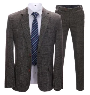 Business Men's Suit Formal Tweed 2 Pieces Coffee Plaid Notch Lapel Tuxedos (Blazer Pants)