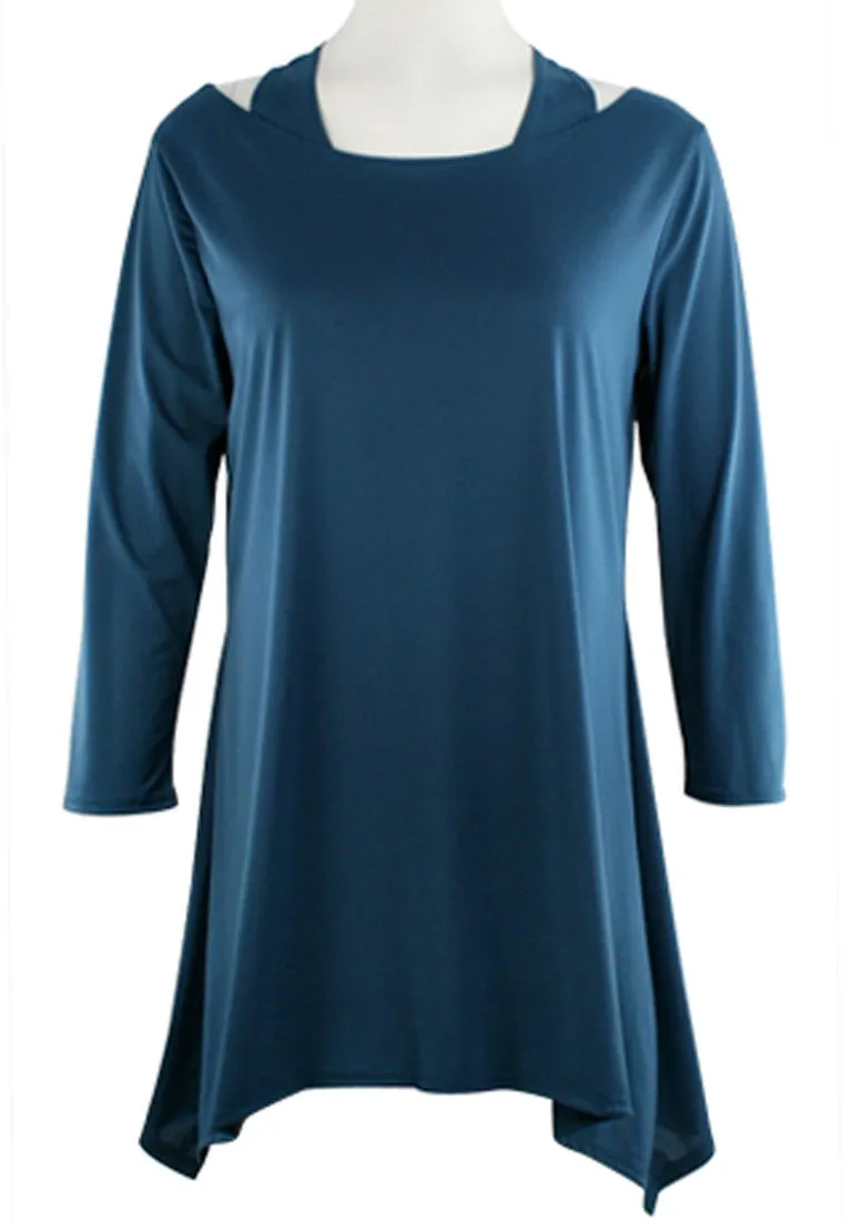 Cactus Fashion - Open Shoulder Teal Blue Long Sleeve Razor Back Tunic Top