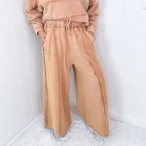 Caramel Cloud Brushed Terry Knit Mineral Washed Palazzo Pants