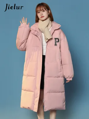 Casual P Letter Print Cotton Jackets Women Bread Coat Female Korean Parkas Loose Brown White Jacket Woman Medium Length