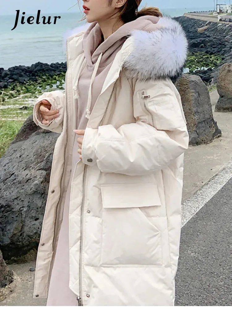 Casual Solid Color Loose Fur Hooded Female Thick Beige Black Coat Women Korean Long Parkas Winter Cotton Jacket Women