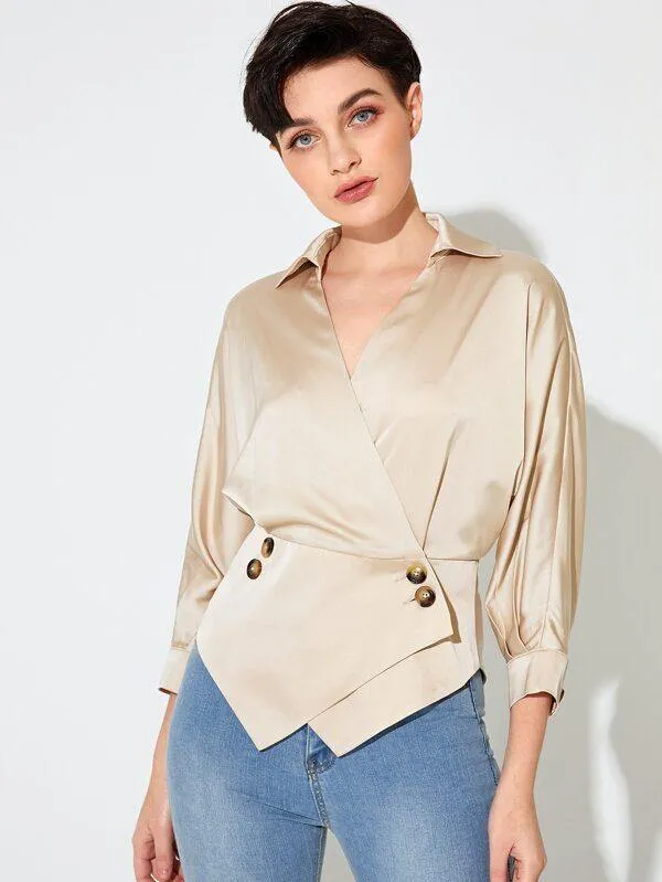 Collared Buttoned Front Asymmetrical Hem Satin Blouse