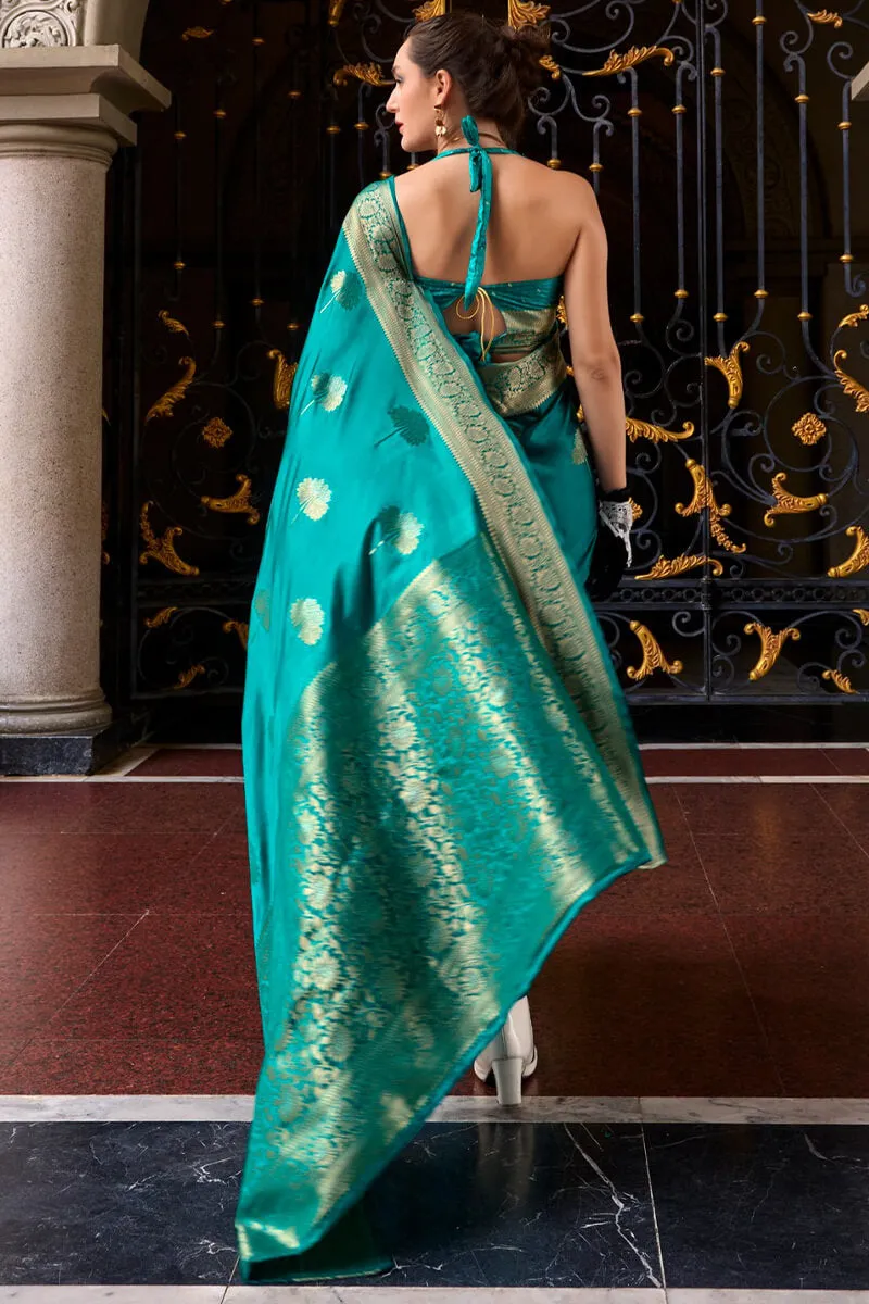 Demesne Firozi Banarasi Satin Silk Saree With Murmurous Blouse