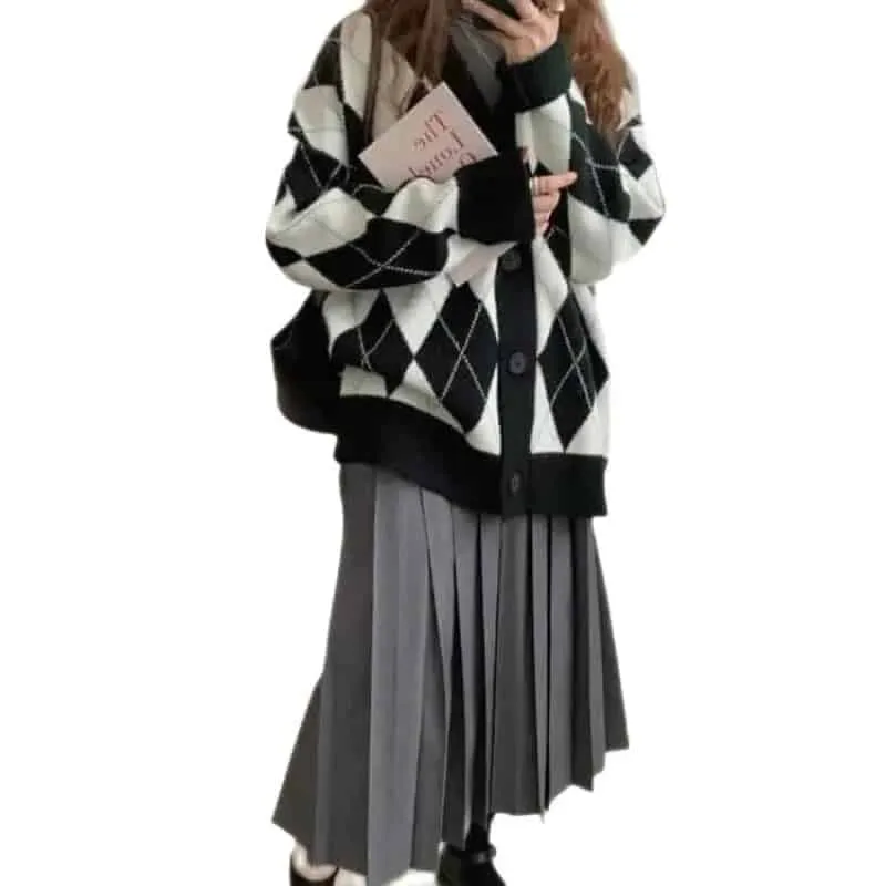 Diamond Oversized Long Sleeve Knitted Cardigan Sweater