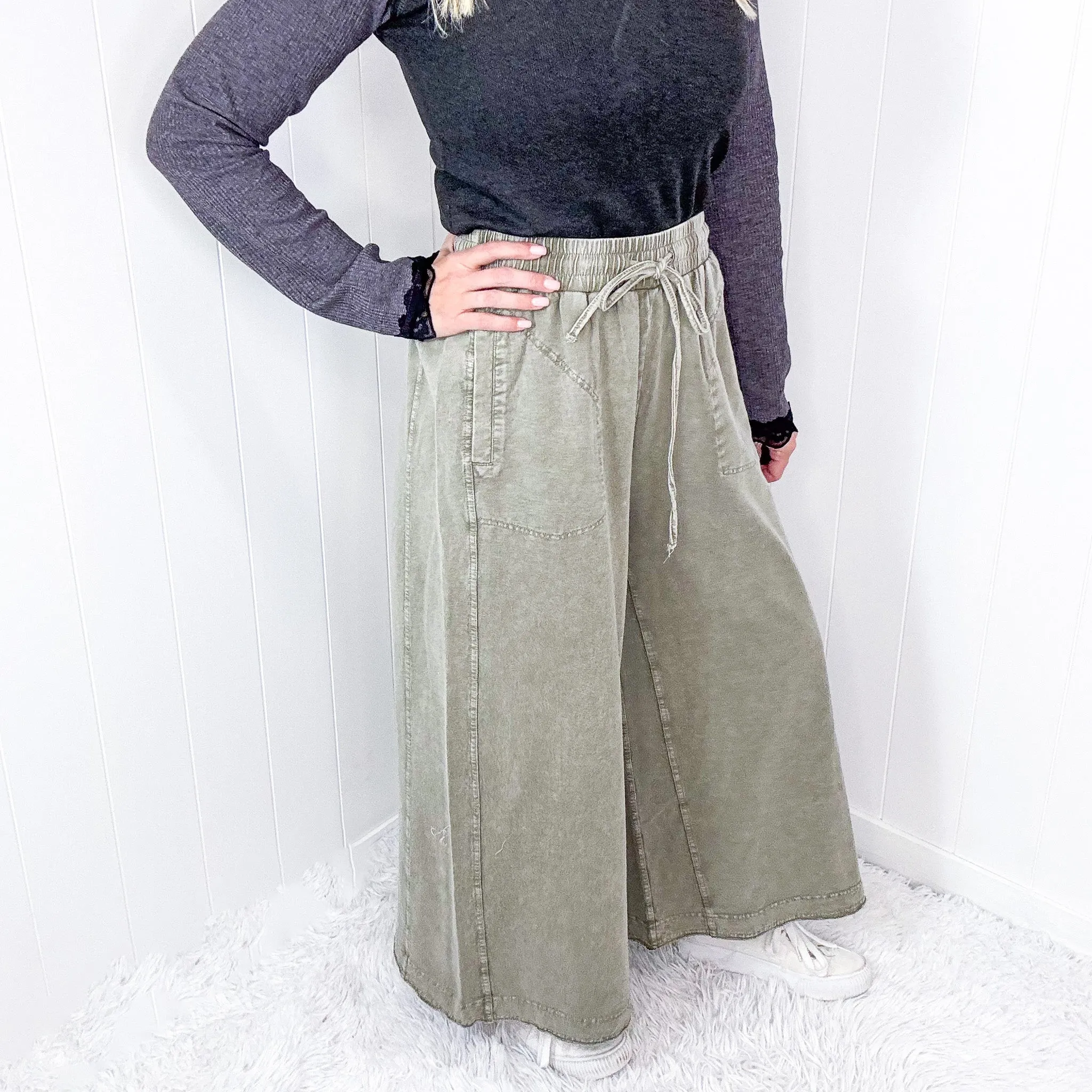 Easy Breeze Mineral Washed Terry Knit Wide Leg Palazzo Pants In 2 Options