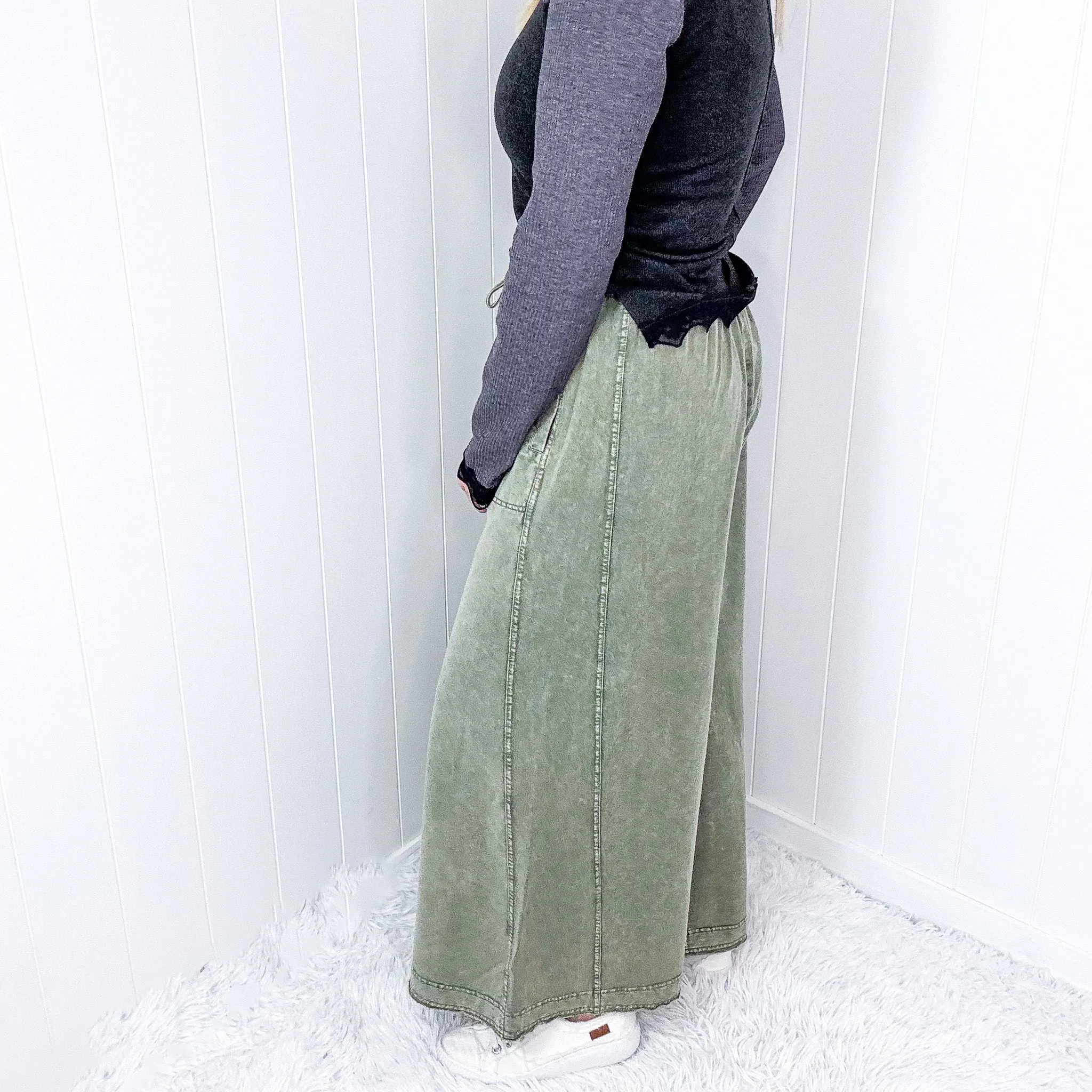 Easy Breeze Mineral Washed Terry Knit Wide Leg Palazzo Pants In 2 Options