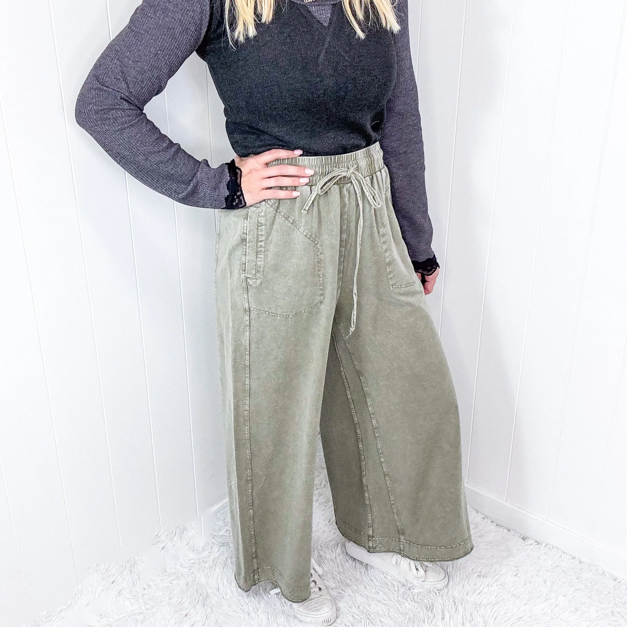 Easy Breeze Mineral Washed Terry Knit Wide Leg Palazzo Pants In 2 Options