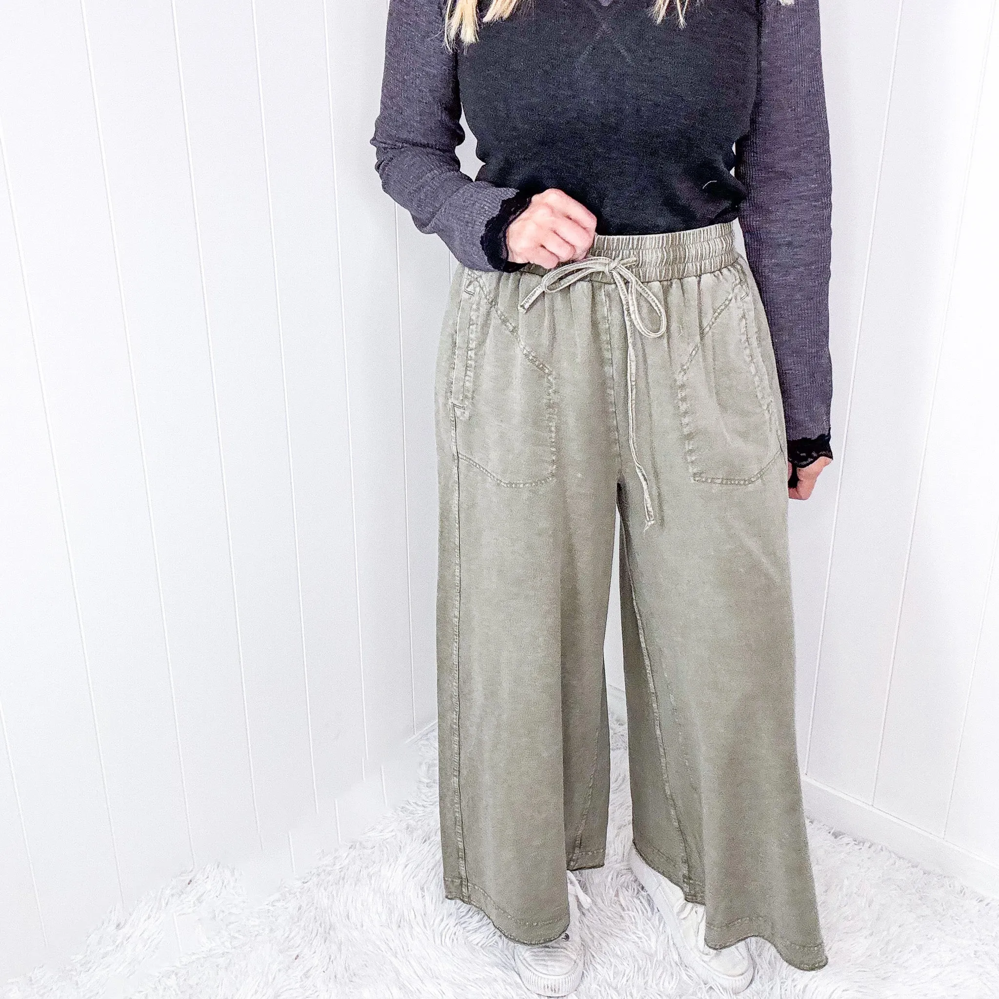 Easy Breeze Mineral Washed Terry Knit Wide Leg Palazzo Pants In 2 Options