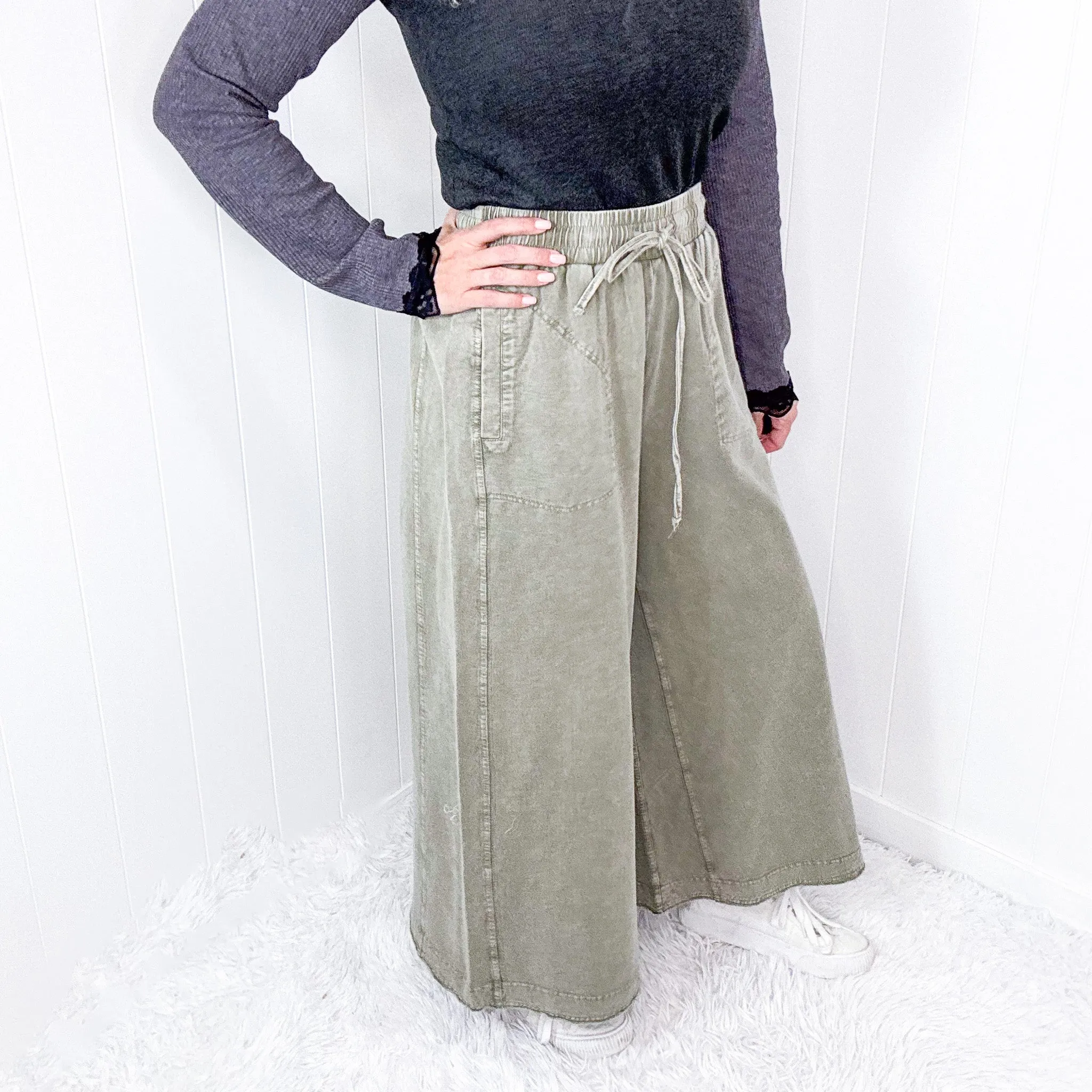 Easy Breeze Mineral Washed Terry Knit Wide Leg Palazzo Pants In 2 Options