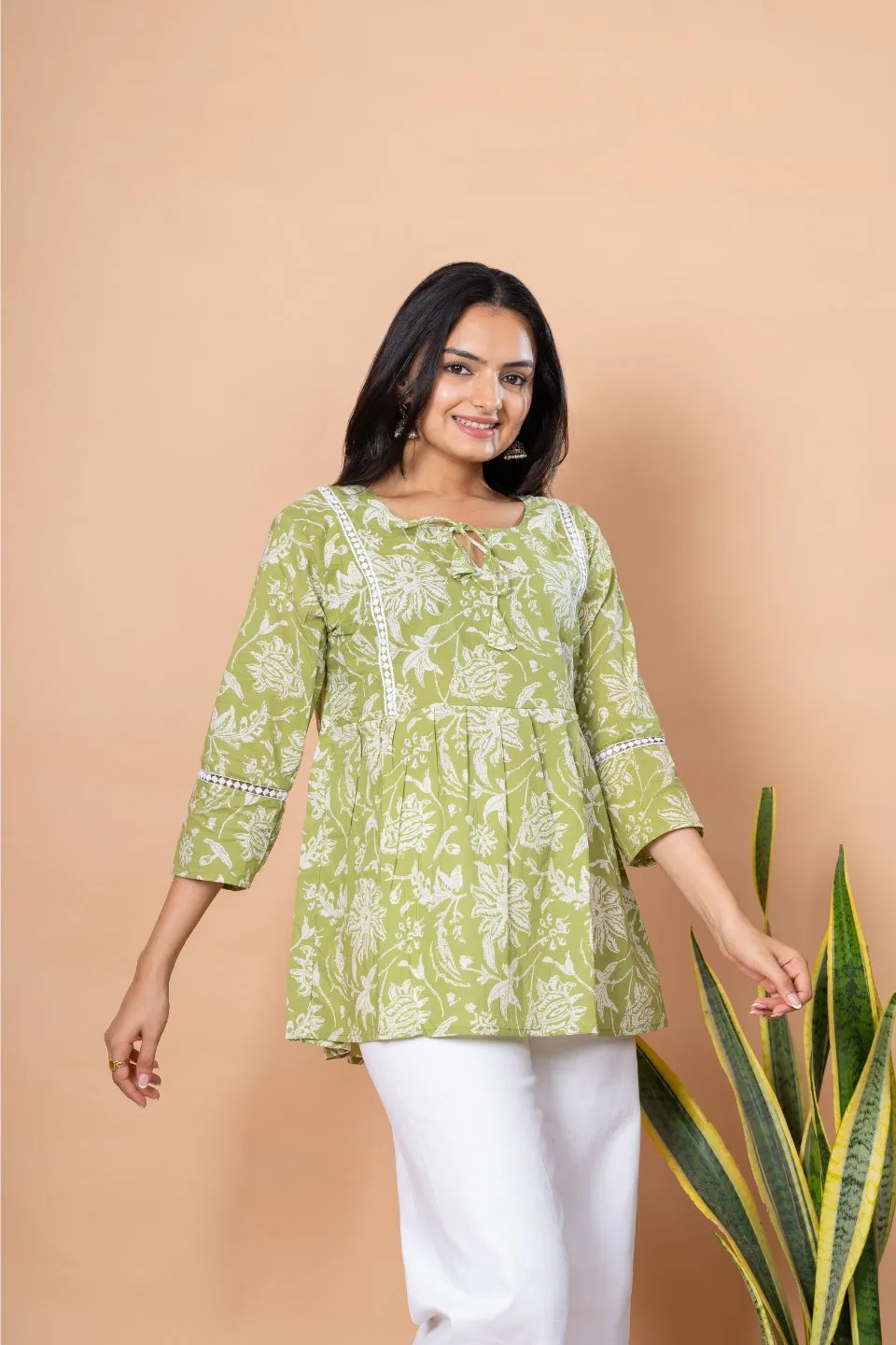 Ekisha's women pista green floral printed cotton tunic top short kurti