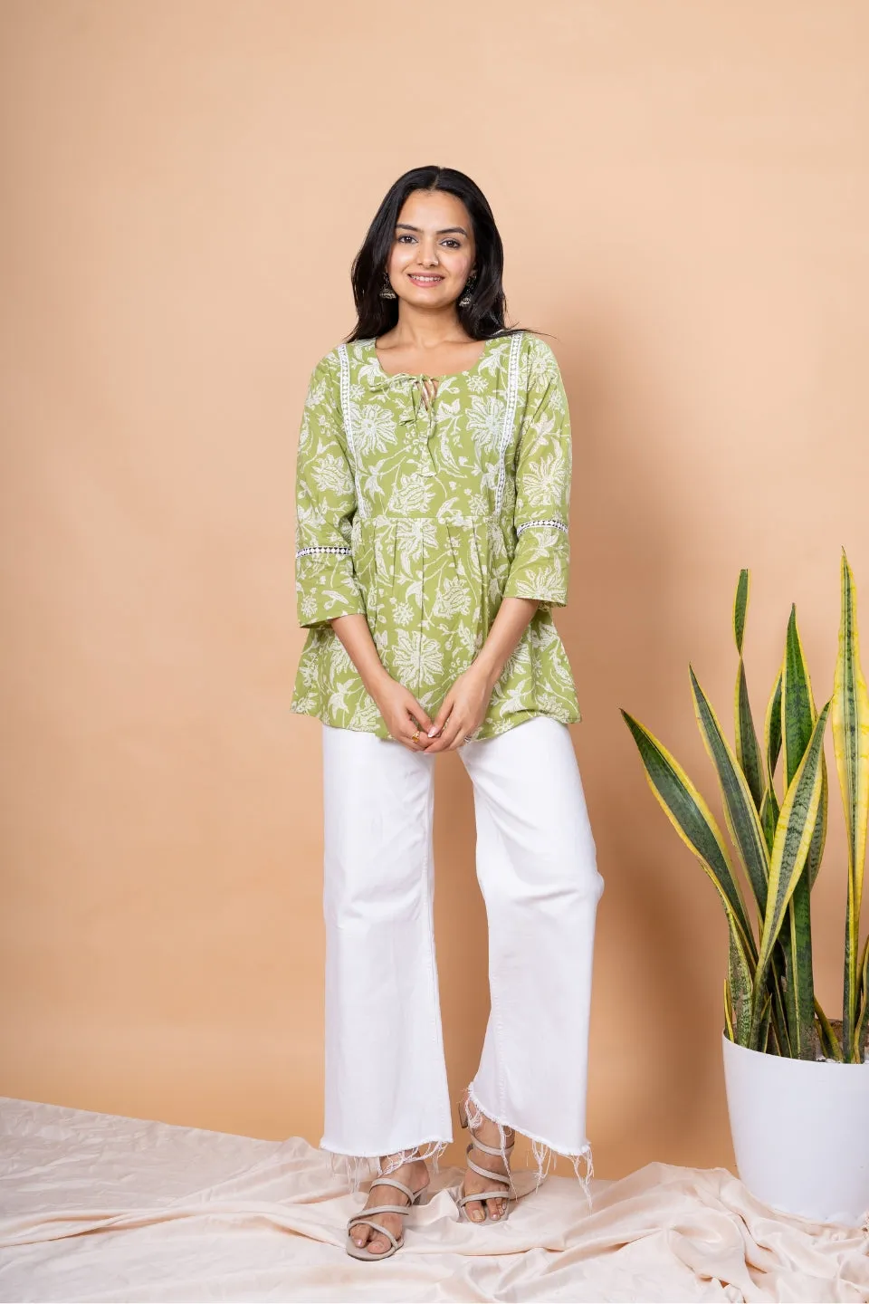 Ekisha's women pista green floral printed cotton tunic top short kurti