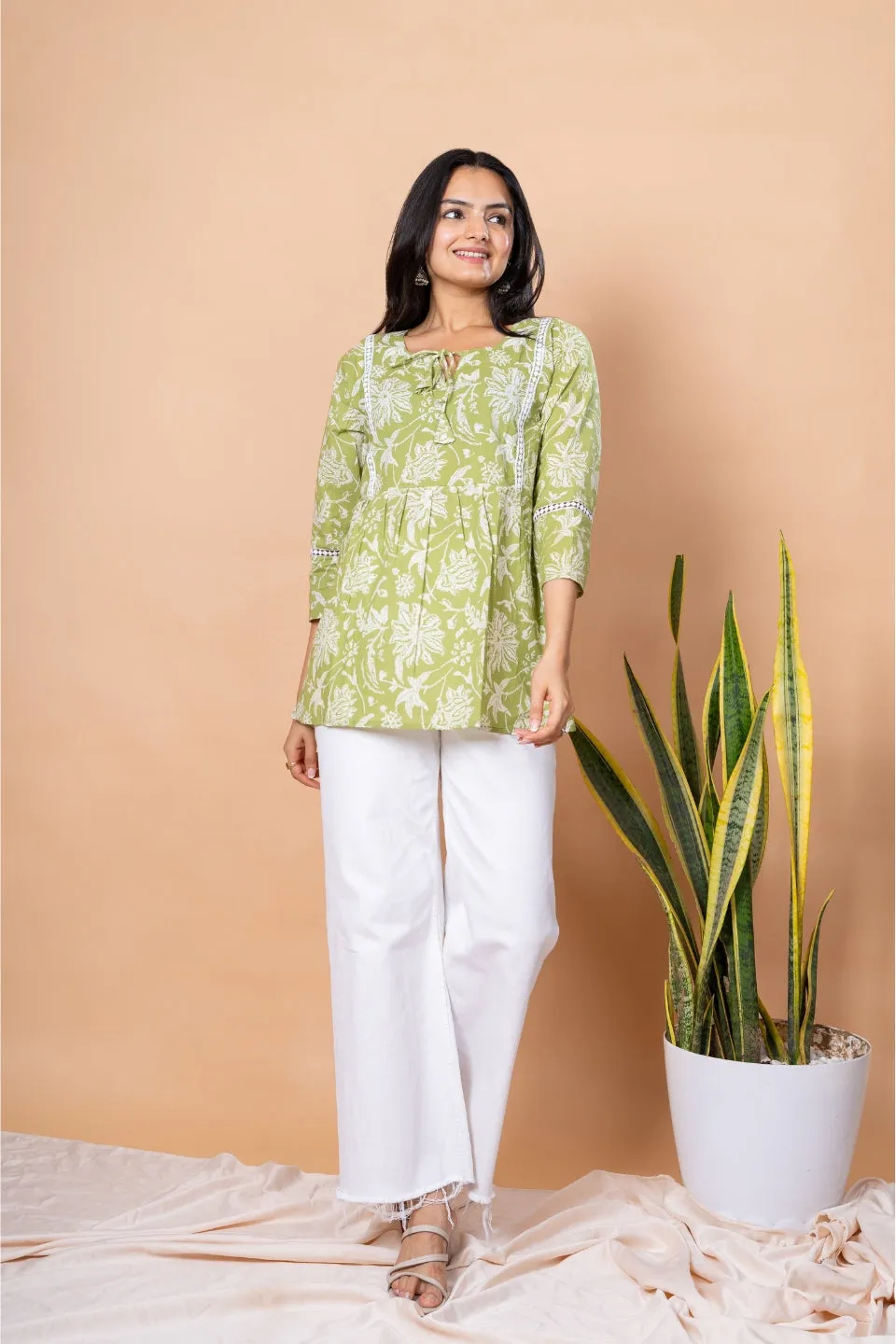 Ekisha's women pista green floral printed cotton tunic top short kurti