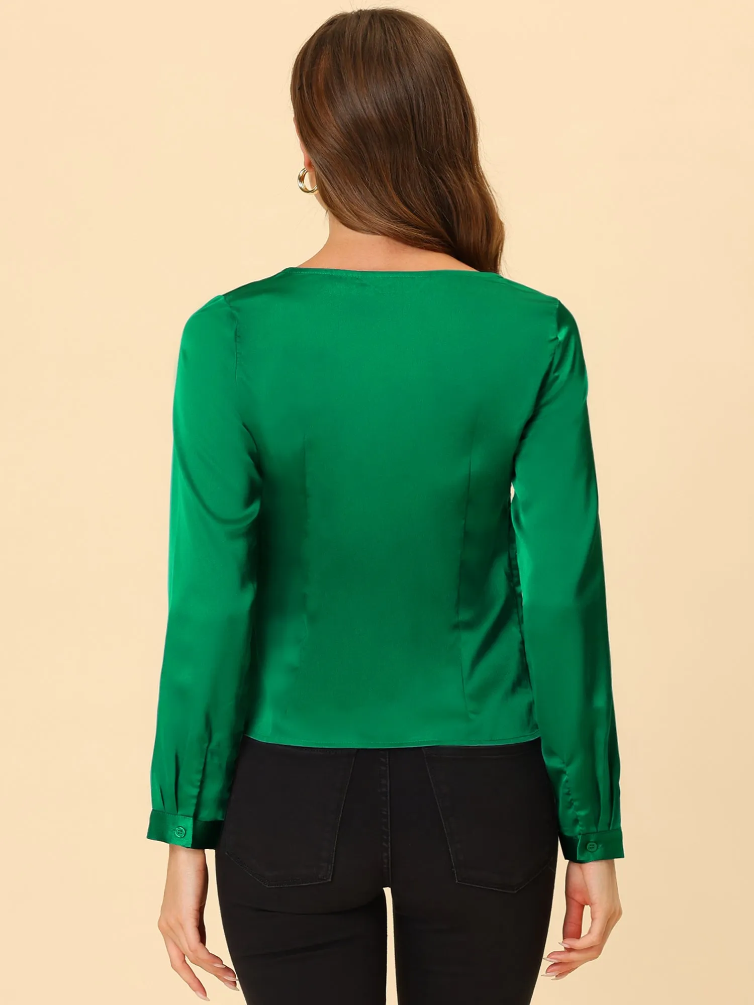 Elegant Sweetheart Neck Button Decor Long Sleeve Satin Blouse