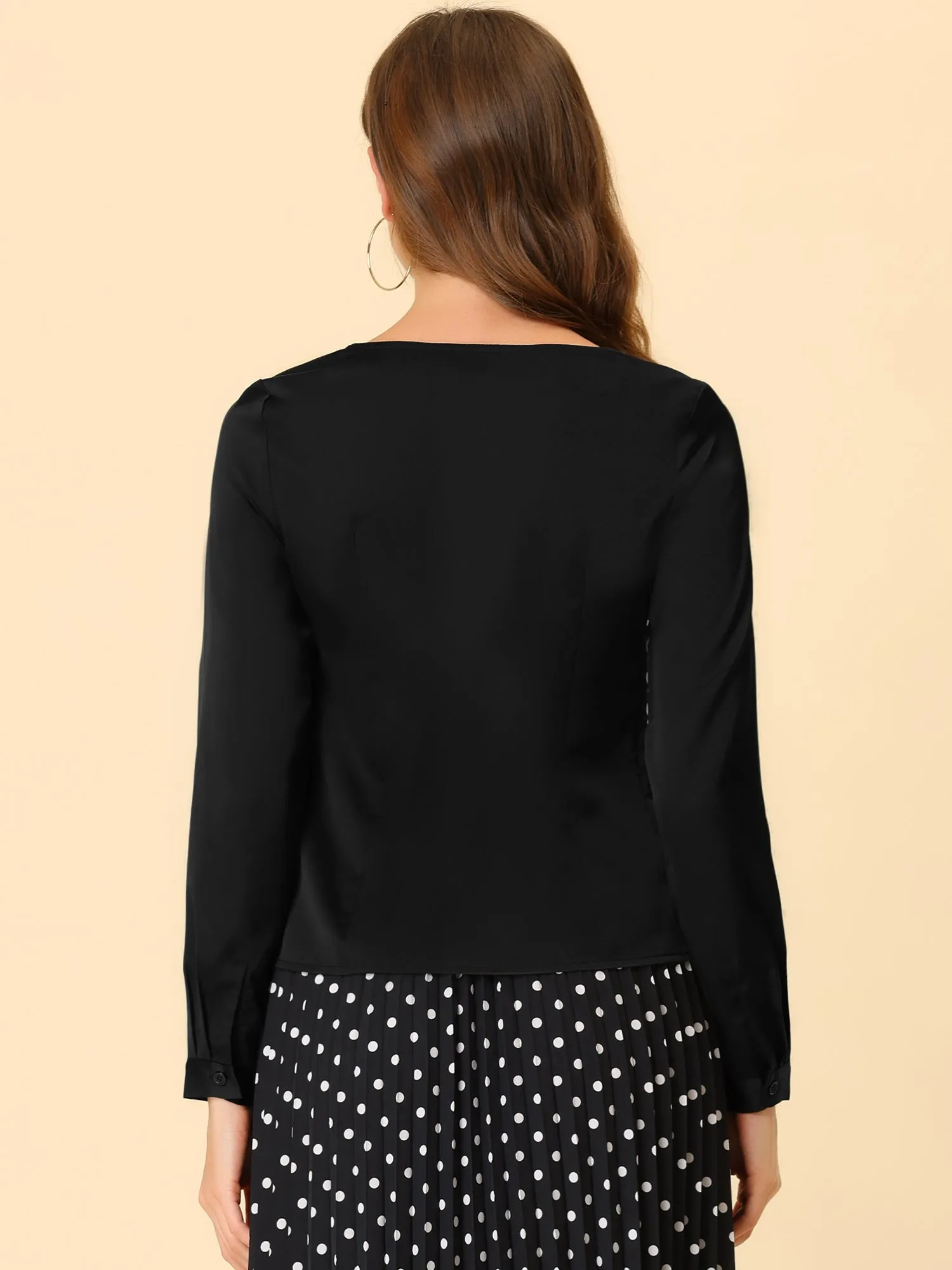 Elegant Sweetheart Neck Button Decor Long Sleeve Satin Blouse