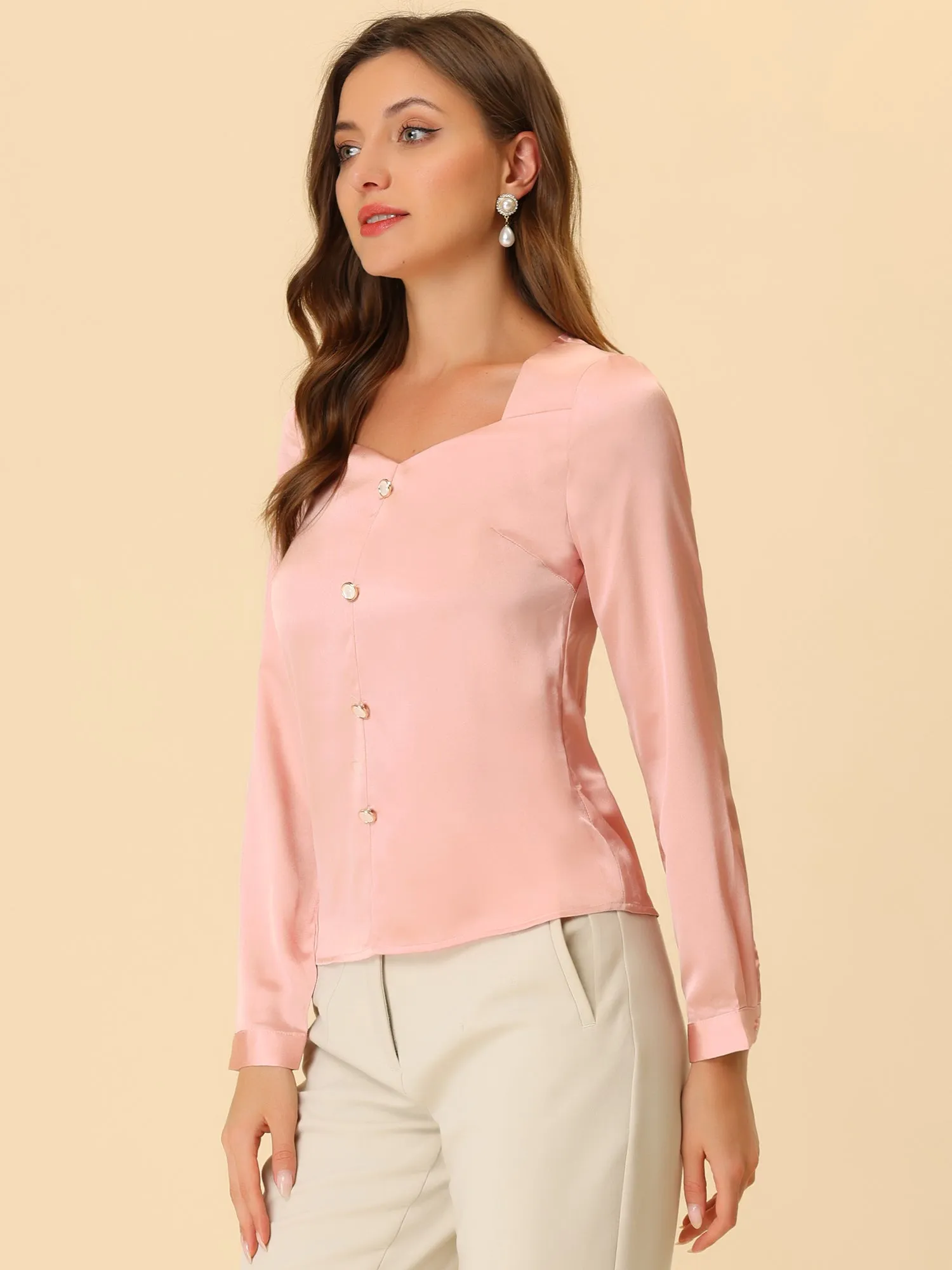 Elegant Sweetheart Neck Button Decor Long Sleeve Satin Blouse